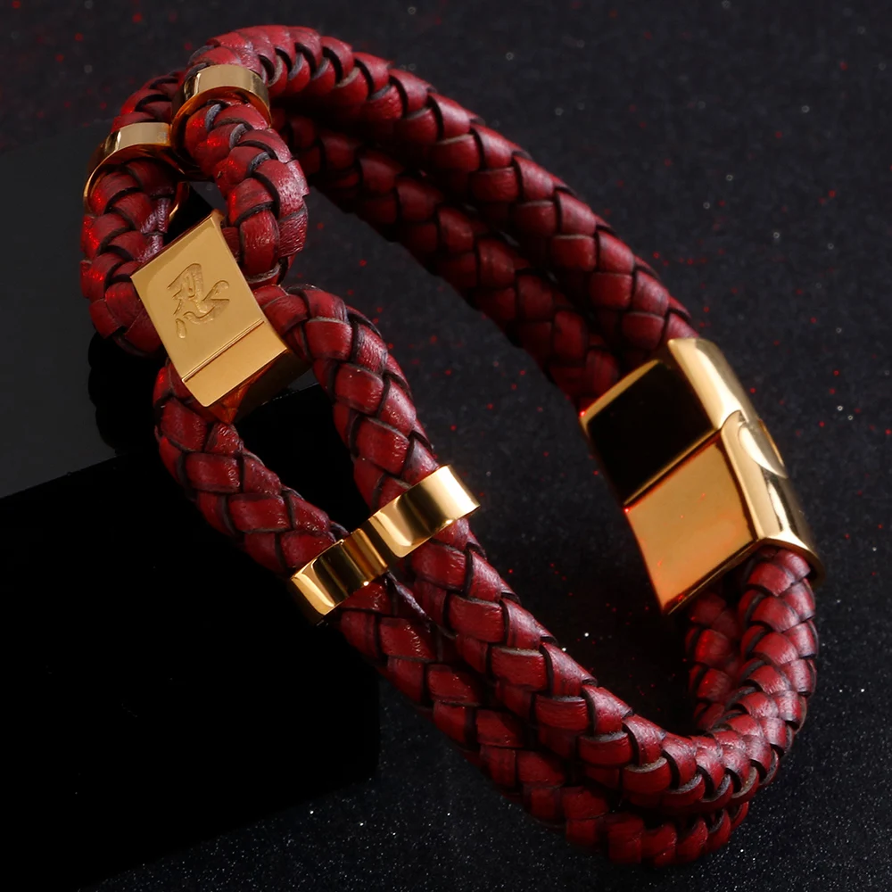 

Wrap Leather Bracelet Mens Personalized Chinese Character REN Engraved Stainless Steel Bracelets Bangles Red Cowhide Wristband