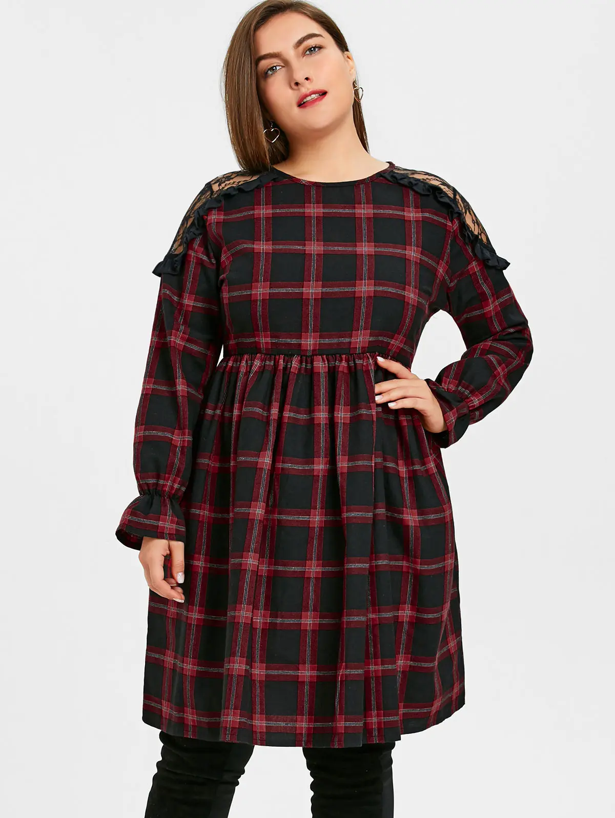 

ZAFUL Spring Autumn Plus Size Smocked Women Dress Vintage Plaid Lace Casual Loose Dress Vestidos Elegant Preppy A-Line Dress