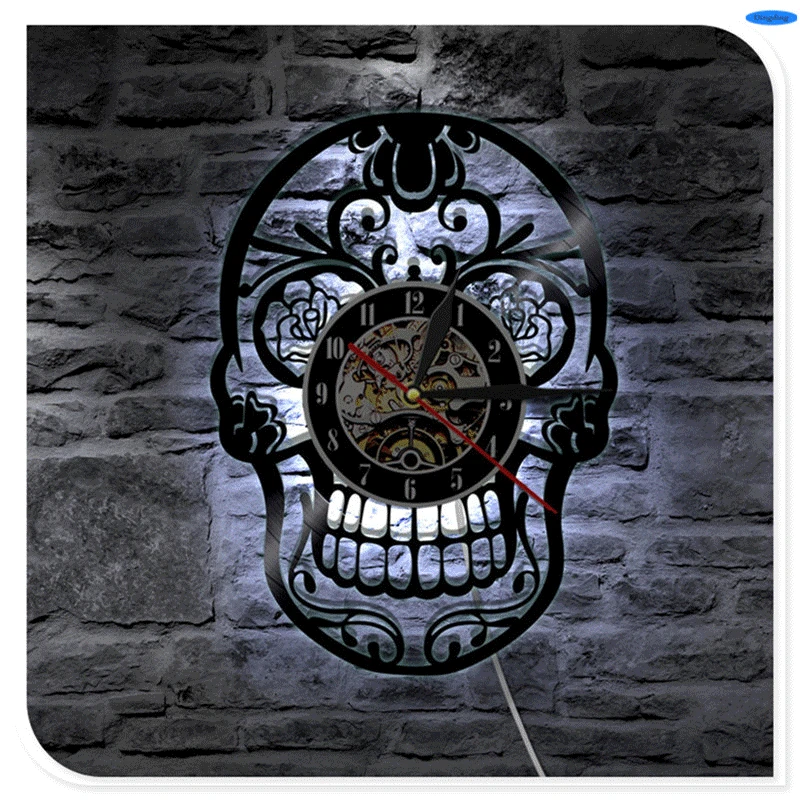 Светодиодный светильник тату салон креативный CD Виниловая пластинка 3D череп настенные часы классическое искусство ручной работы Домашний Декор часы