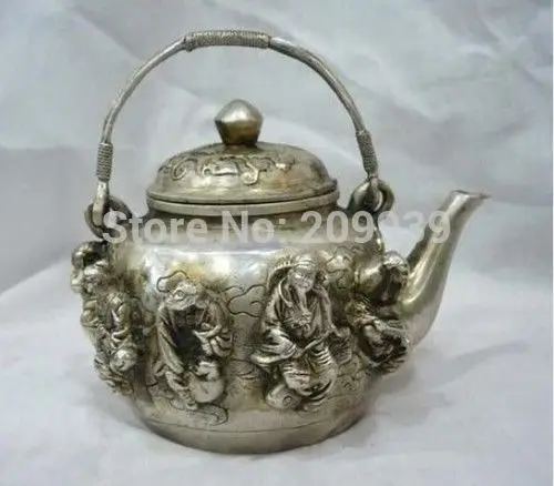 

huij 006545 Collectible exquisite Tibet silver eight immortal Teapot pot (A0321)