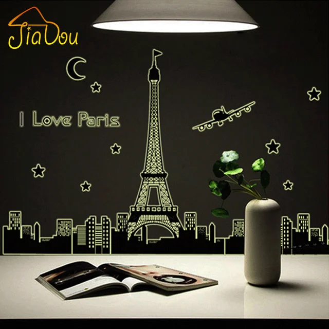 Я Люблю Пары Эйфелева Башня Прекрасный Вид Париже Световой Флуоресцентный стены Стикеры Искусство Home Decor Спальня Этикета Свечение в темно-