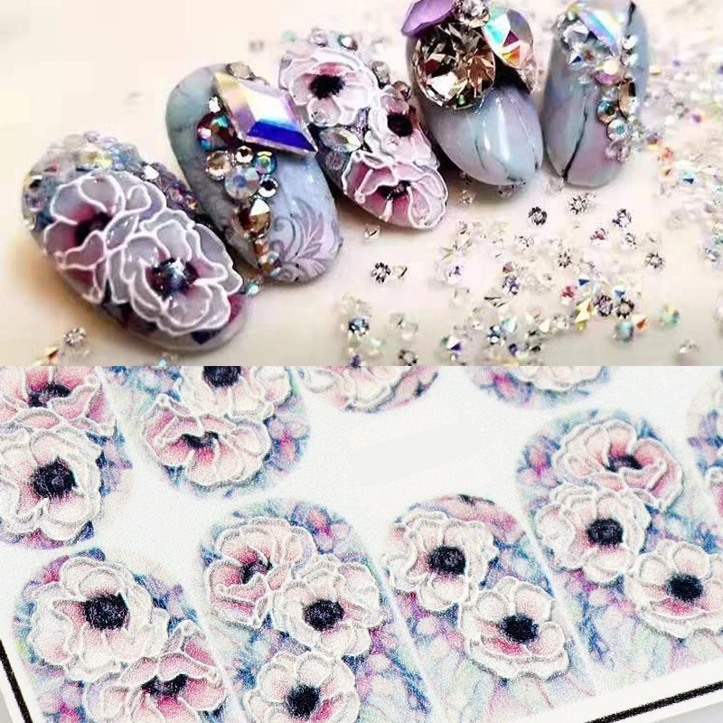 

1 Sheet Acrylic Engraved Floral 3D Nail Sticker Embossed Flower Nail Water Decals Empaistic Nail Art Stickers Decals