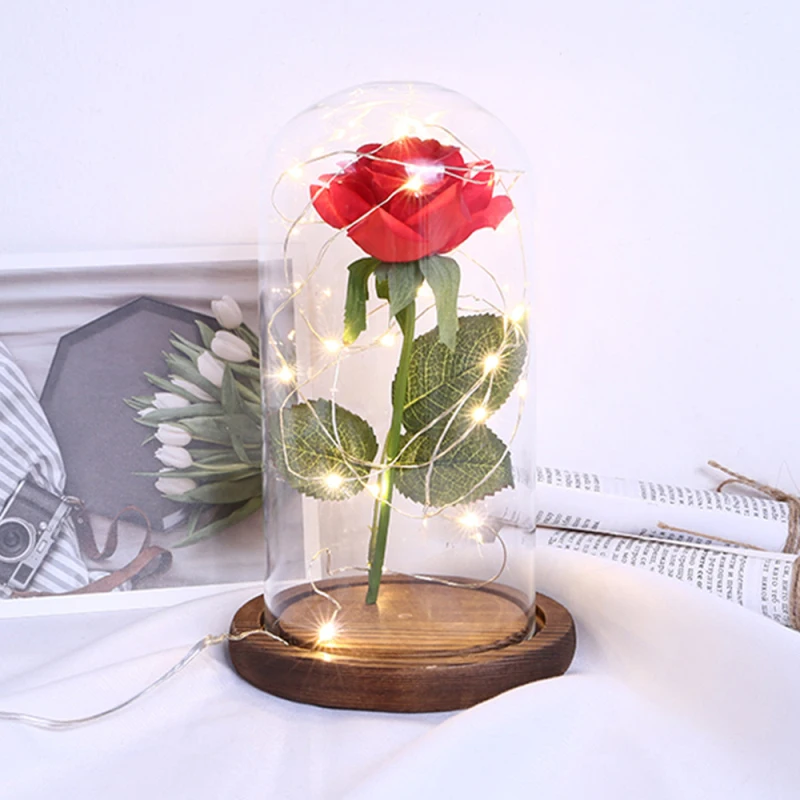 Светодиодный светильник в виде розы с стеклянной крышкой, медный светильник с USB, деревянная основа, искусственная Роза на День святого Валентина, подарок на день матери