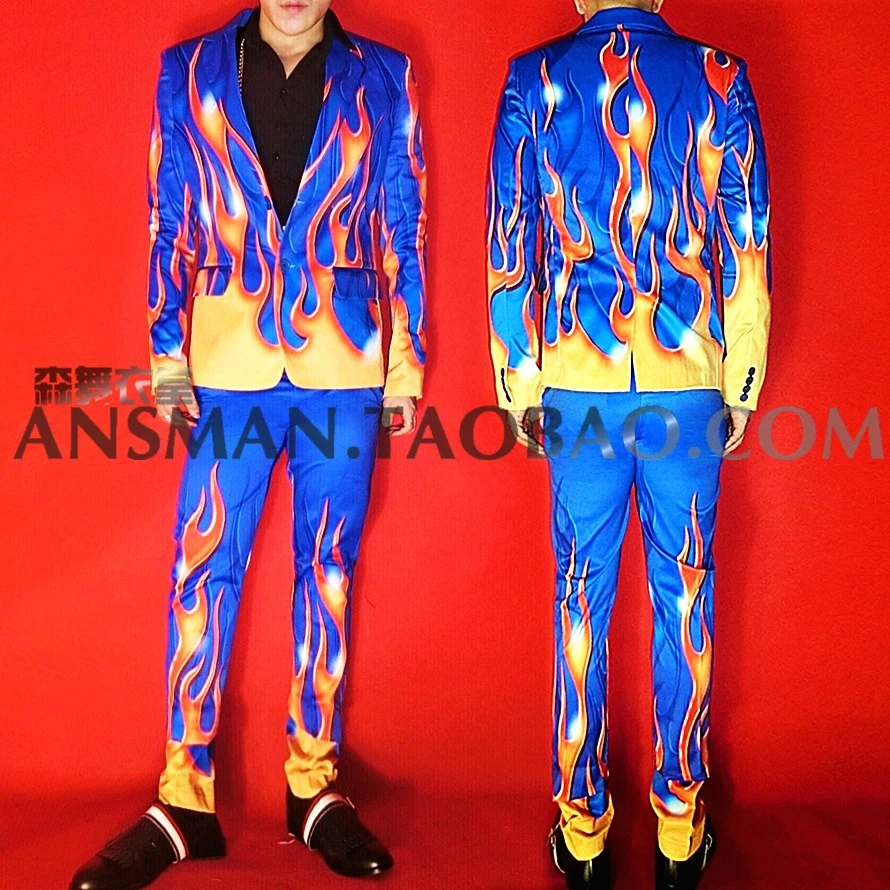 2021 Men's New Nightclub Bar Male Singer Blazer Men Model Blue Background Flame High end Elasticity Suits Plus Size Clothes|suit suit|flame suitmens blue - AliExpress