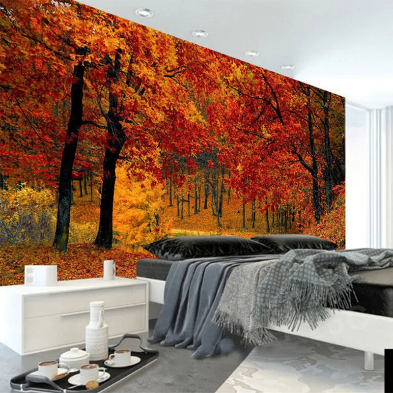 Red Maple Forest Path Photo Mural Wallpaper Modern Beautiful Living Room Bedroom Backdrop Wall Murals Home Decor Papel De Parede