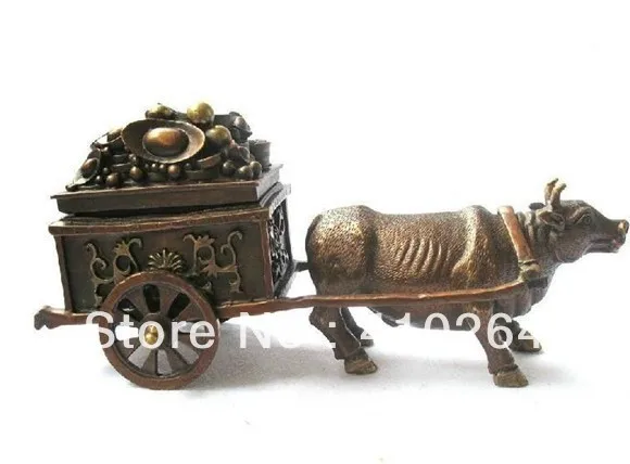 

Shipping Collectible Chinese Archaic bronze figure statue ox-drawn cart Statues