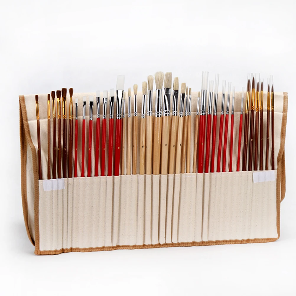 38 Paint Brush Set With Canvas Holder Synthetic Hair Art Brushes For