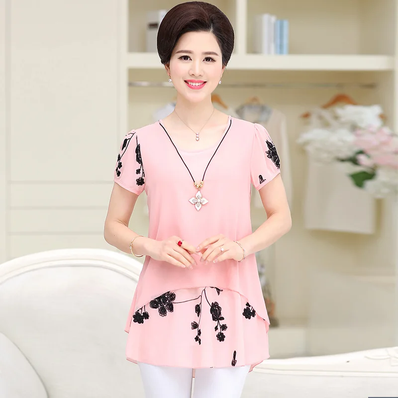 Large Size Women Short Sleeve Chiffon Shirts Mother Double-deck Blouses Fashion Flower Print Tops Pullover Plus Size XL-4XL W919 3