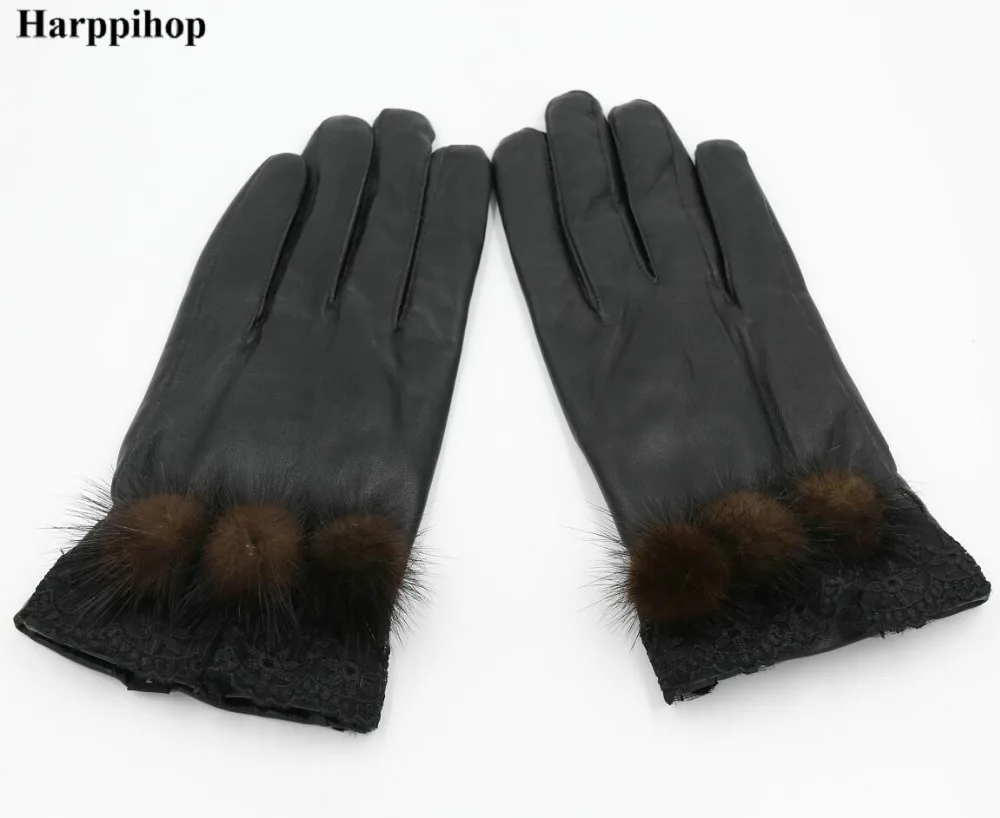 Harppihop зима Пояса из натуральной кожи Прихватки для мангала для Для женщин овчины палец перчатки Новое поступление 2017 года модные норки мяч