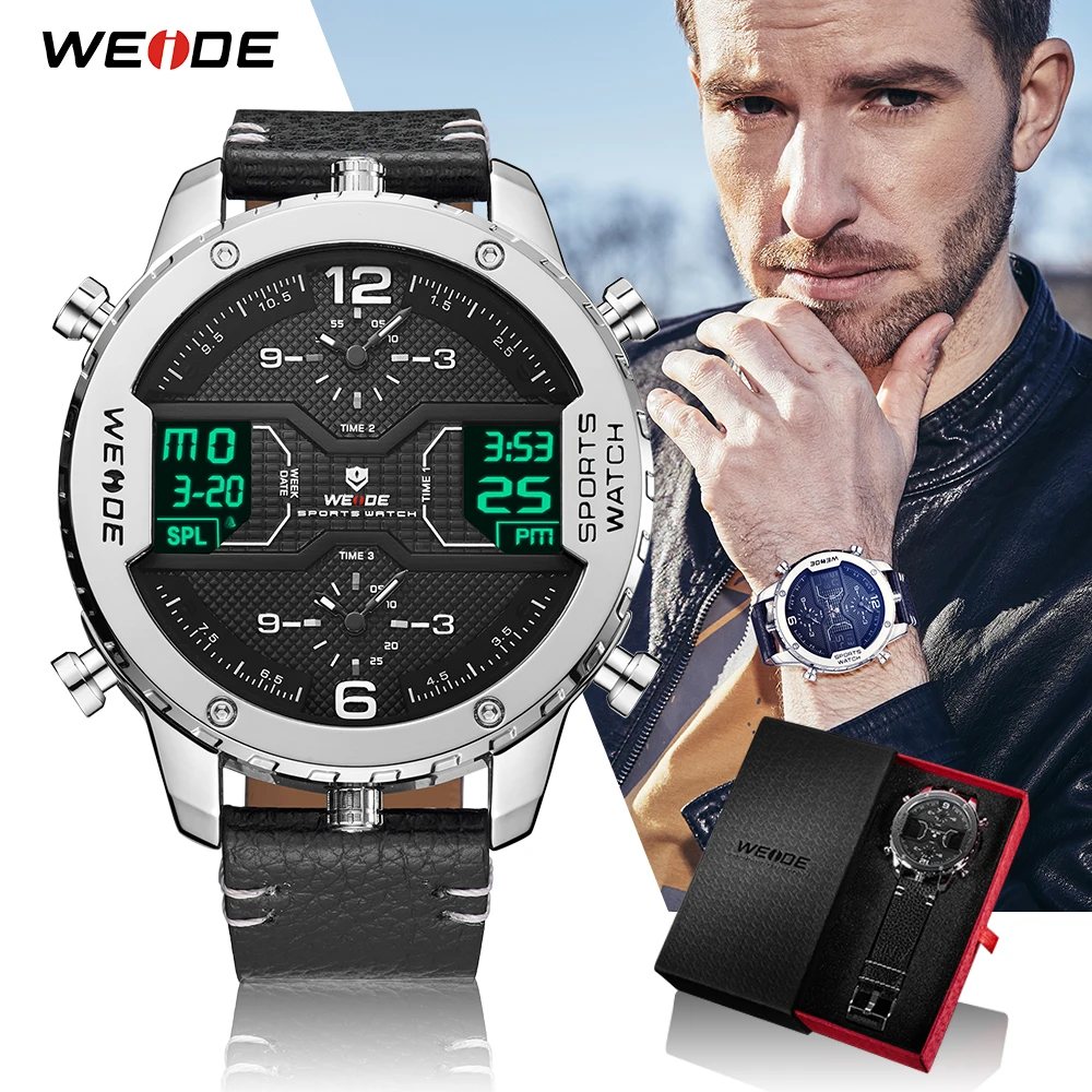 

WEIDE Men Sports Watches Dual Time Zone Date Digital Quartz Analog Leather Strap Band Wristwatch Reloj Male Clock fitness Hour