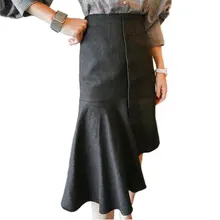 Новая мода Нерегулярные воланами высокой талии джинсовые юбки пакет бедра миди юбка рыбий хвост черный осень зима