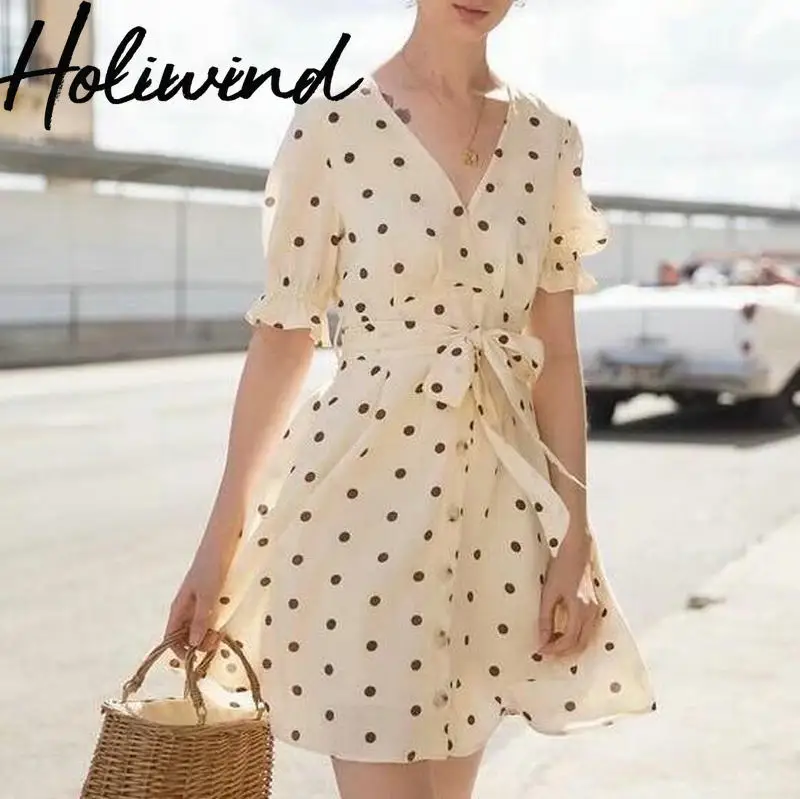 

2019 Summer Korean Style Women Polka Dots Dress V-neck Short Sleeves Vintage Dress With Belt vestidos de verano