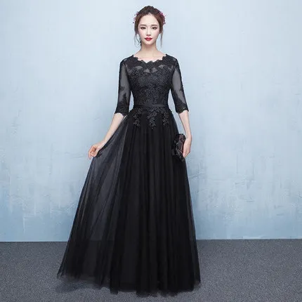 Suosikki размера плюс с аппликацией, кружевное длинное вечернее платье, вечерние платья для выпускного вечера, вечерние платья - Цвет: Черный
