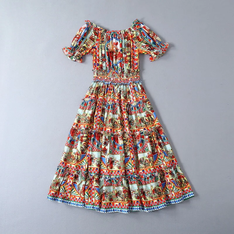 Лето новые винтажные платья с принтом и эластичной талией с открытыми плечами и короткими рукавами 190630UL01
