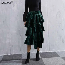 WREEIMA Лоскутная бархатная юбка Женская Асимметричная оборки Сплит Эластичная Высокая Талия Длинные юбки осень зима юбка модная новинка