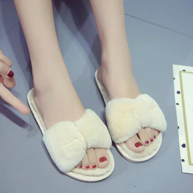 

red bow female fur slippers home indoor flat bottom non-slip soft bottom warm plush cotton winter shoes woman Pantoffels Dames