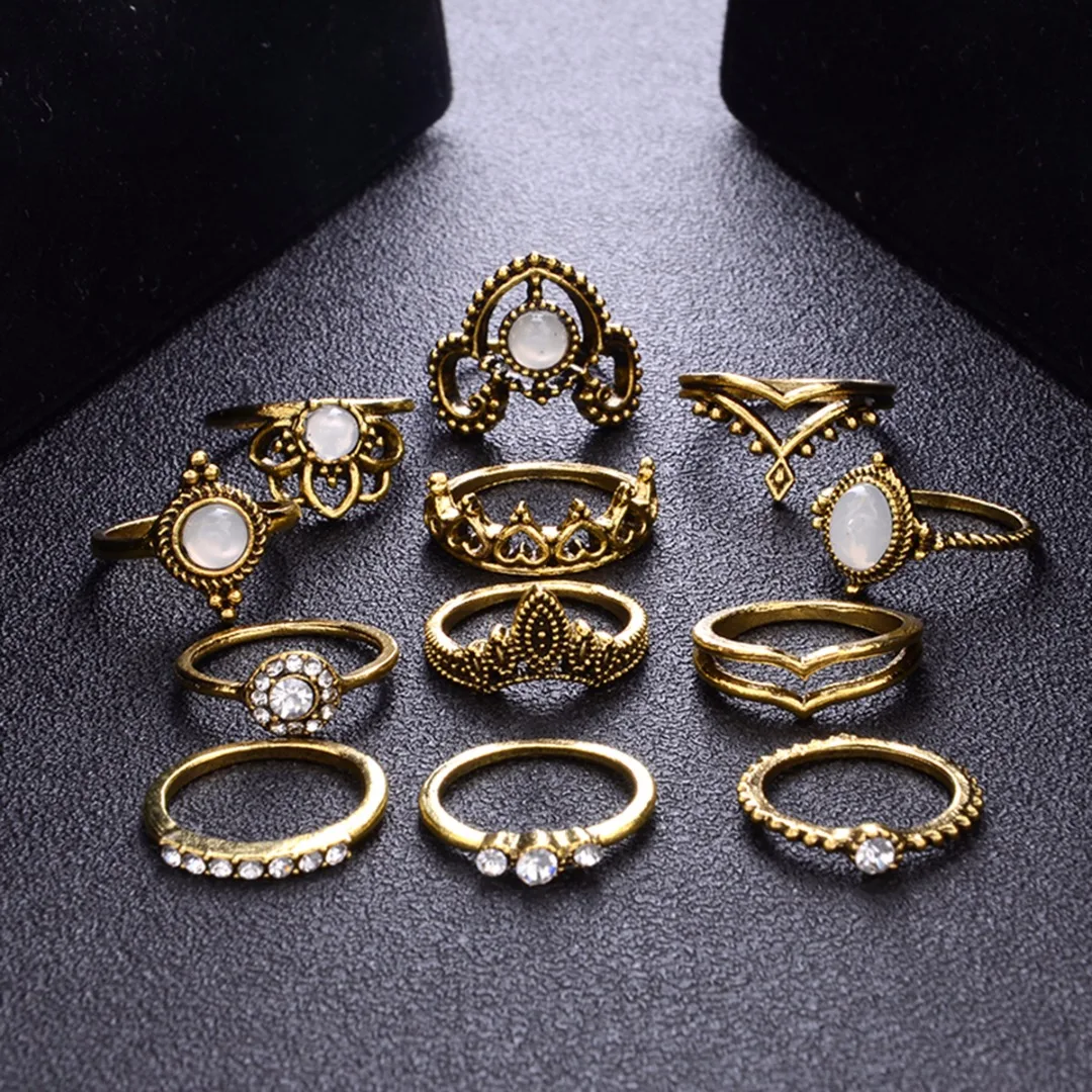 12pcs/set Vintage Crystal Opal Knuckle Ring Shellhard Crown Stone Midi Ring Sets  Punk Anillos Mujer Fashion Statement Jewellery