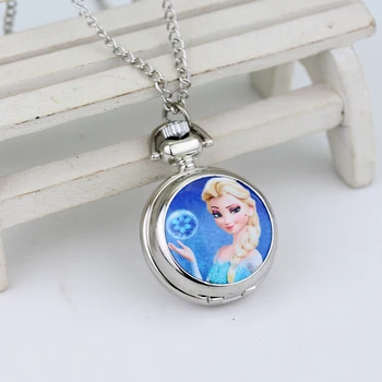 

Snow Queen Princess Elsa Glass Dome Quartz Pocket Watch Necklace New Year Gift Fashion Necklace Men Women Kids