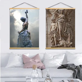 

Solid Wood Hanging Scrolls Painting Religious Figure Statue Building Canvas Wall Art Print Living Room Home Decoration Poster