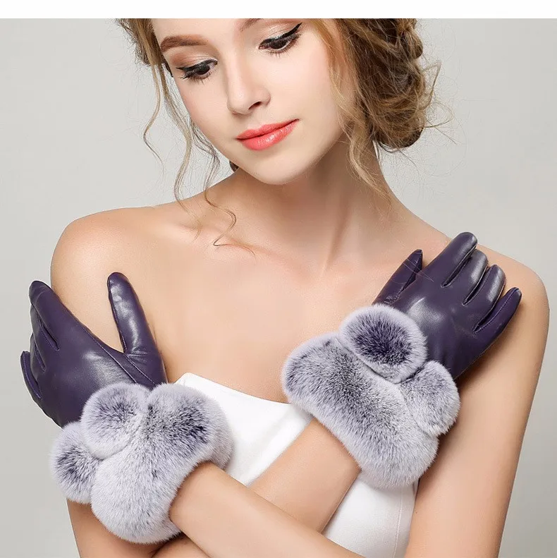 Высокое качество Женские Термальность из натуральной кожи черные перчатки зимние теплые Для женщин мех кролика перчатки овчины