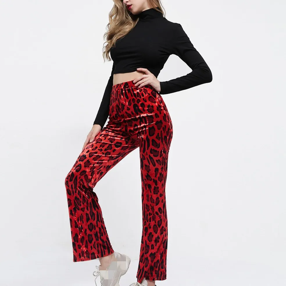 2018 Fashion Sexy Red Leopard Pants Elastic Waist Flare Pants Women ...