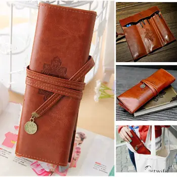 

Trendy Retro Vintage Pencil Case Cosmetic Pouch Pocket Portable School Supplies PU Leather Pencil Bags Free Shipping