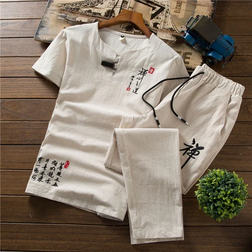 

Loldeal Chinese Summer Linen Track Suit Suit Embroidery Casual Loose Men's Cotton Short-sleeved T-shirt + Pants