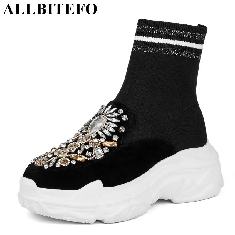 

ALLBITEFO natural genuine leather women ankle boots rhinestone design fashion platform boots shoes girls sexy motorcycle boots