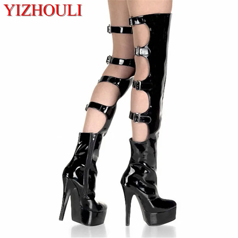 Zoll Schuhe Hohe Oberschenkel Schnalle knie Cm Tanz die Stiefel 15 Über Mit Motorrad outs Hohen Absätzen Frauen Cut 6 Schwarzes 5ZWppqyTAa