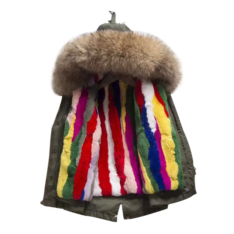 

2019 New Winter girl fashion jacket thick warm coat Fur Rabbit Fur Liner super large raccoon fur natural collar outerwear