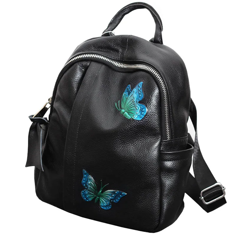 Women Backpack Premium Cowhide Leather Large Schoolbag Black Genuine Leather Lady Butterfly ...