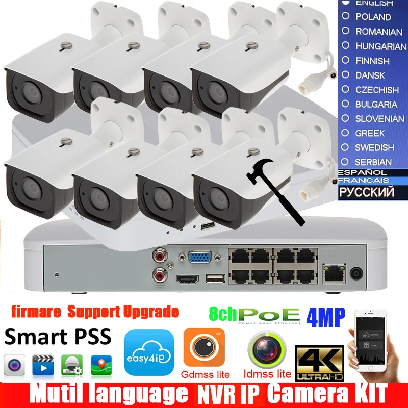 

8pcs 4MP POE IP Camera DH-IPC-HFW4431E System Security Camera Outdoor 8CH 1080P NVR4108-8P-4ks2 Kit H.264 Video Recorder kit