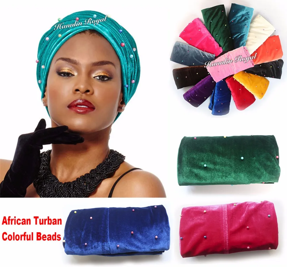 

10 pieces Beaded quality Stretchy Velvet Turban African Head Wrap Scarf with colorful beads free shipping by DHL