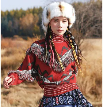 

Autumn Women Vintage National Trend Turtleneck Long Batwing Sleeve Tassel Casual Loose Jacquard Short Sweater
