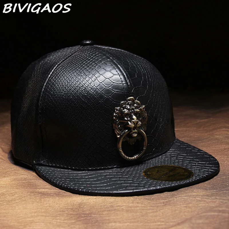 Новая металлическая скульптура голова льва Snapback шляпы змеиная кожа хип хоп кепка