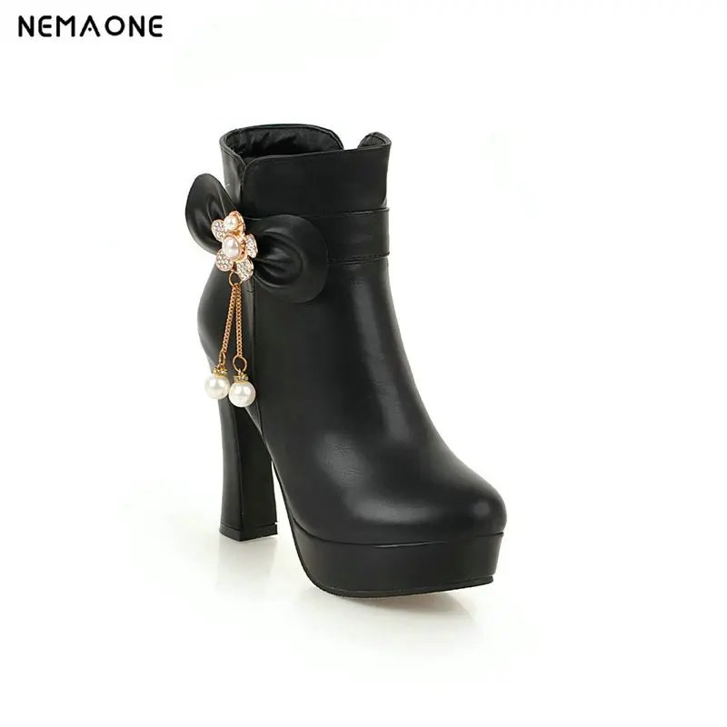 

NEMAONE Women high heels Ankle Boots rouned Toe flower Boots woman Shoes High Heels boots woman large size 42 43