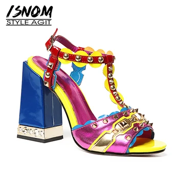 

ISNOM Thick High Heels Sandals Women Fashion T-Strap Crystal Gladiator Sandals Shoes New Summer Rivet Peep Toe Footwear 2019