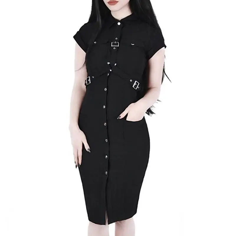 Черное готическое Сексуальное Женское облегающее платье, летняя французская униформа, уличная одежда, Панк Пояс, дизайн, облегающее готическое Повседневное платье-карандаш для женщин