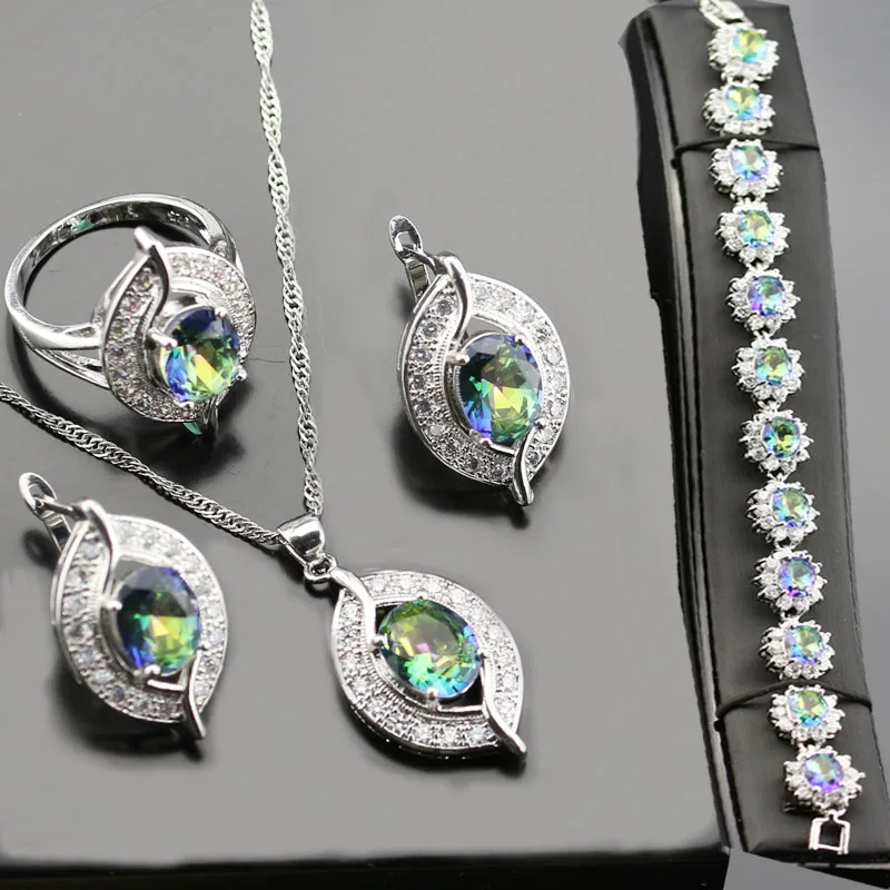 블루 무지개 보석 세트 실버 컬러 팔찌 팔찌/목걸이/귀걸이/펜던트/반지 사이즈 6789 Bjs01 001jewelry sets