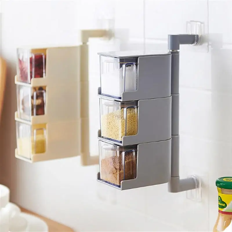 

OUNONA Wall Mount Spice Storage Rack 3-Tier 360 Rotating Seasoning Storage Box Condiment Containers Kitchen Wall Storage Rack