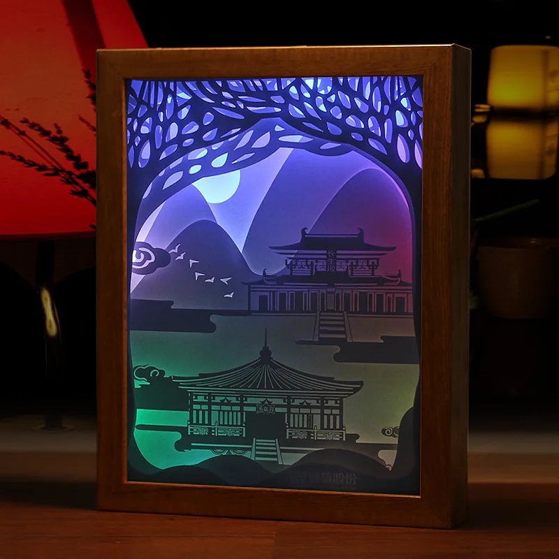 

3D Paper Carving Light Historic Building 4 Colors Night Lights Wood Frame LED Night Lamp For Children's Room Decor Lamp Gift