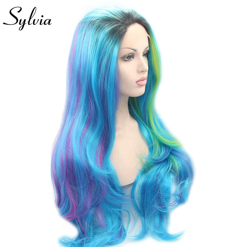 Sylvia синие/розовые/желтые разноцветные натуральные волнистые термостойкие волоконные волосы бесклеевые синтетические парики для женщин