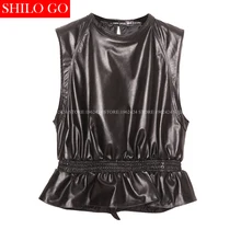 Весенне-осенняя модная женская Высококачественная овчина воротник с оборкой круглый вырез короткий рукав сексуальный кожаный жилет красный черный 3XL