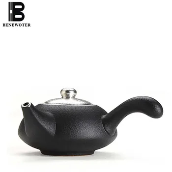 

230ml Vintage Handmade Japanese Zen Side Handgrip Teapot Ceramic Pottery Metal Pure 999 Silver Tea Maker Health Kung Fu Tea Set