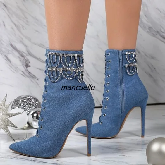

Glamorous Blue Jeans Stiletto Heel Pointy Ankle Boots Cross Strap Crystal Decorated Lace Up Short Boots Trendy fashion Shoes New