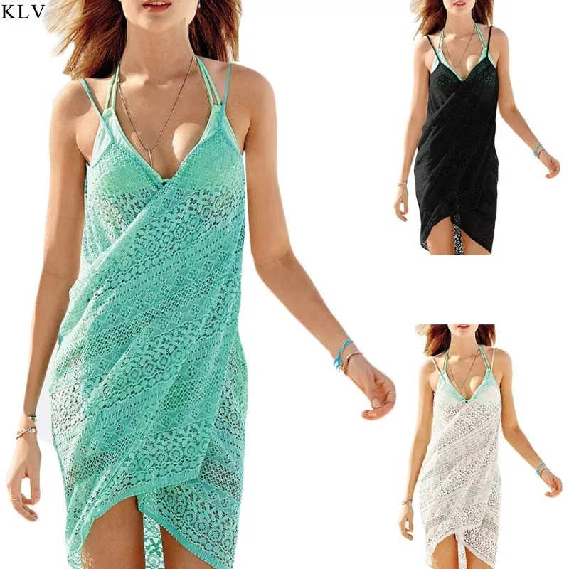 KLV Women's Lace Spaghetti Strap Backless Beach Bikini Cover Upin