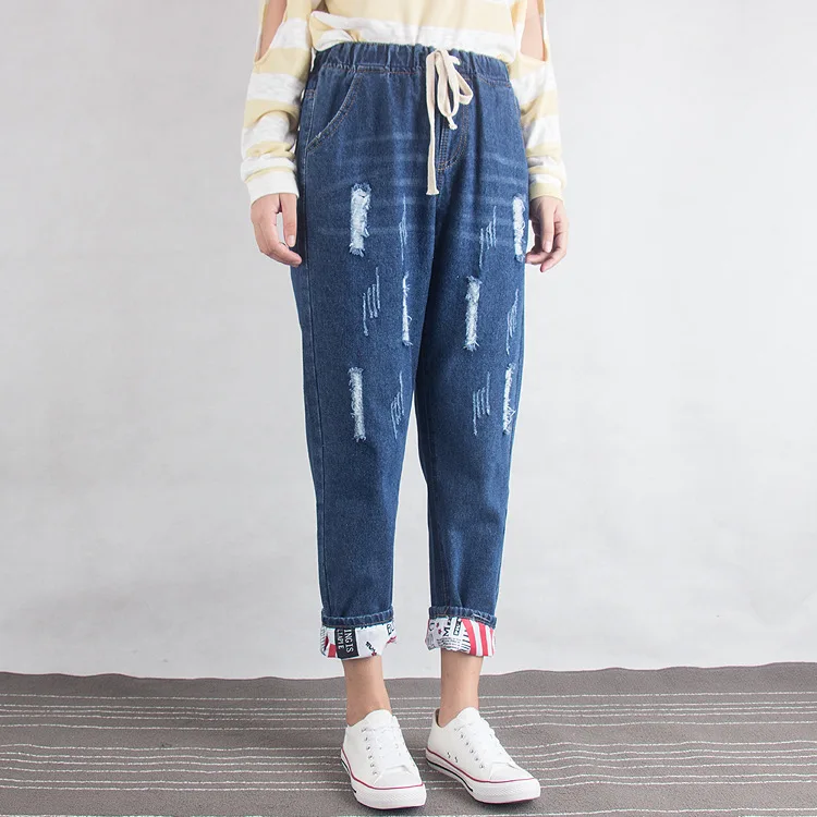 Летние новые хлопковые свободные джинсы длиной до щиколотки, женские прямые брюки со средней талией, джинсы-шаровары с дырками размера плюс