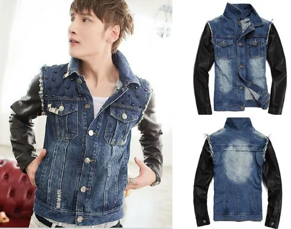 NEW 2014 spring leather sleeve stitching denim jacket