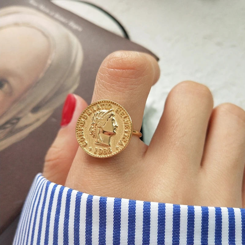 

New 925 sterling silver figure coin rings gold fashion personality dollar avatar coin open rings for women gold charms jewelry