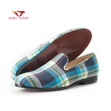 Новое поступление синий и зеленый плед Для мужчин парусиновые туфли британский стиль мужской Повседневное Slip-On Лоферы для женщин ручной работы роскошные Для Мужчин's квартиры